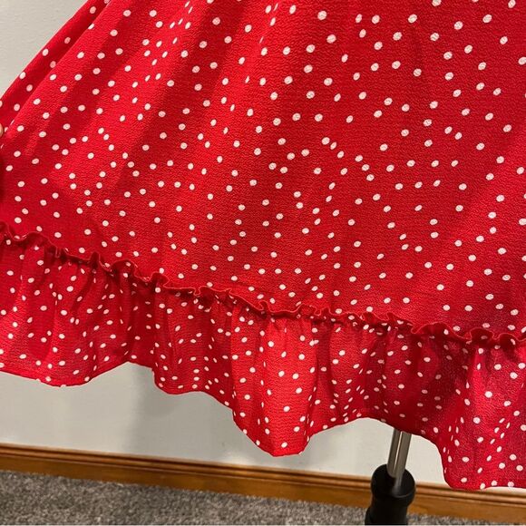 Red Polka Dot v-neck Ruffle short sleeves mini Dress size medium - Picture 4 of 11